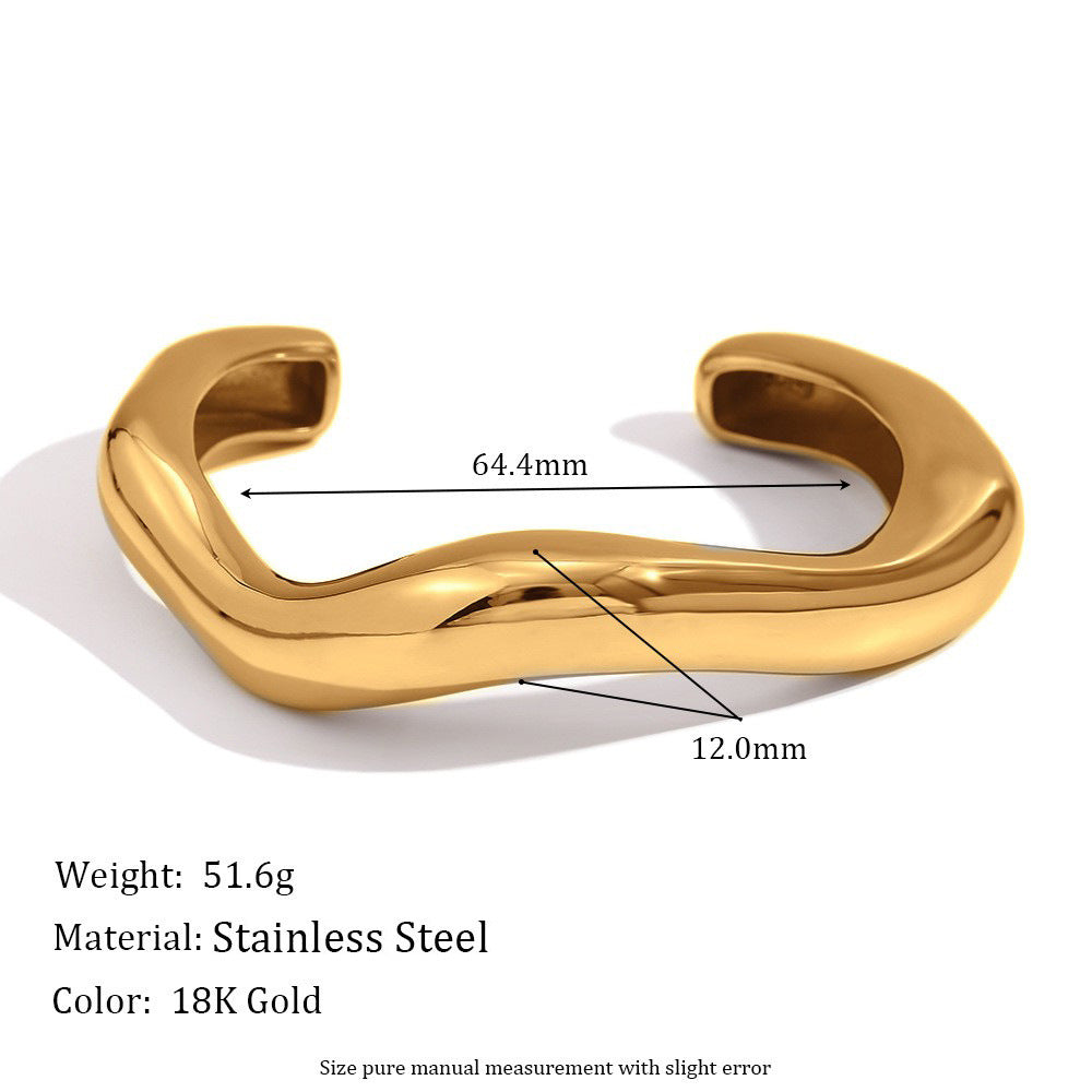 Minimalist Liquid Wave Stainless Steel Plated 18K Gold Irregular Open Bangle Bracelet for Women