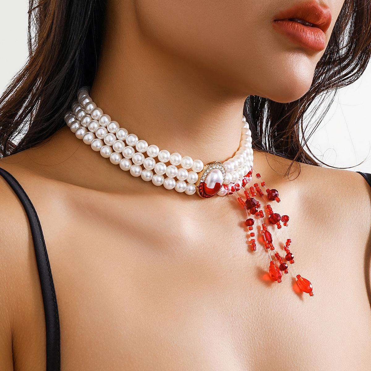 Sweet Punk Geometric Crystal Pendant Pearl Choker Necklace for Women