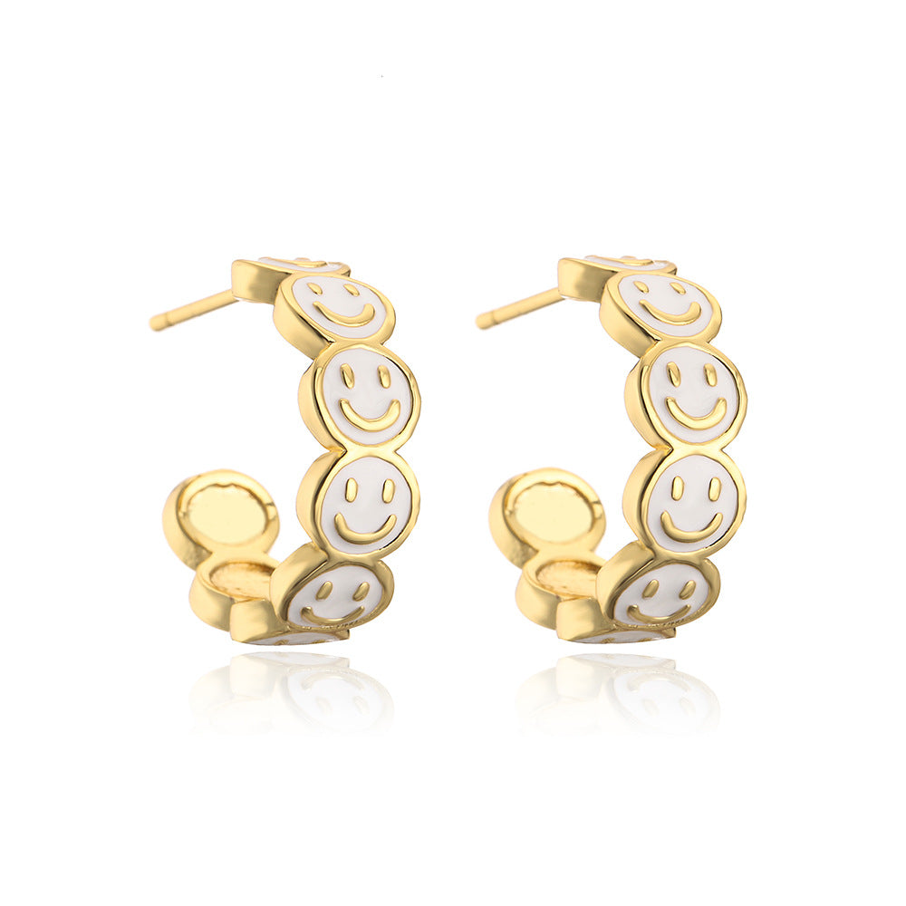 Cute Playful INS-Style Geometric C-Shaped Smiley Face Earrings for Women with Copper Base and 18K Gold Plating and Enamel Finish