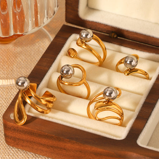 Geometric Ball-Shaped Titanium Steel Ring with Irregular Line Design for Women, Electroplated Stainless Steel Band Jewelry