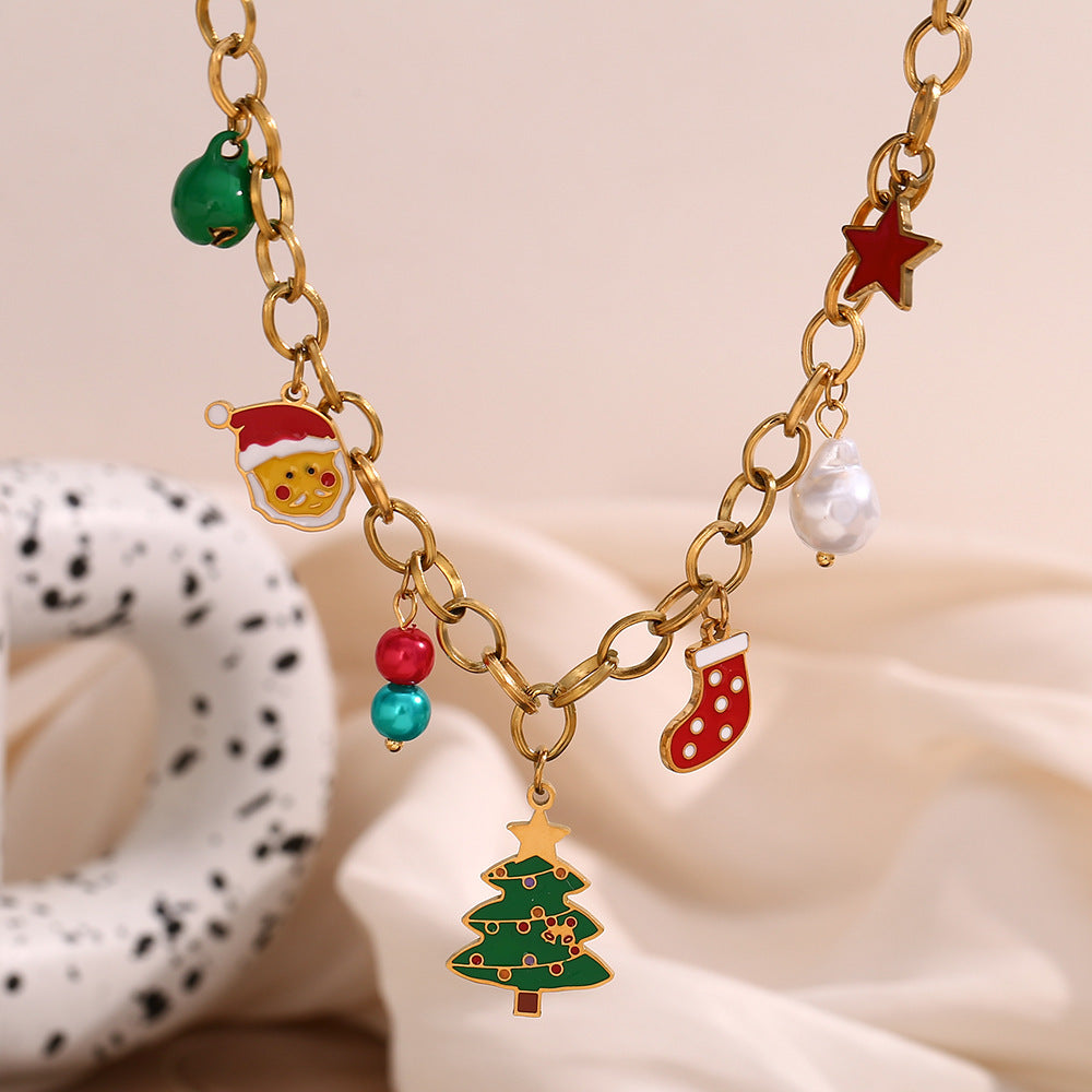 Cute Cartoon Christmas Tree Pendant Necklace for Women Stainless Steel with 18K Gold Plating Handmade Chain