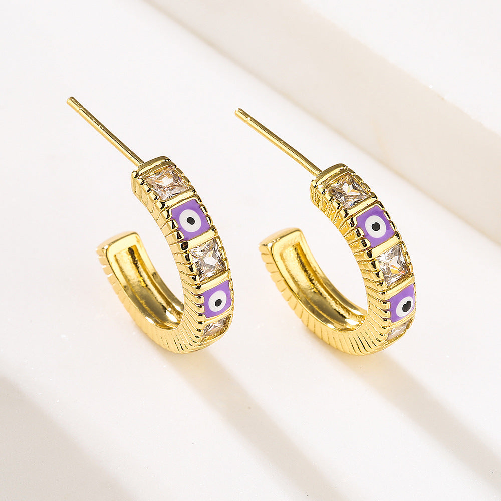 Vintage Geometric Eye-Shaped Copper Earrings with Gold Plating and Enamel Detail for Women