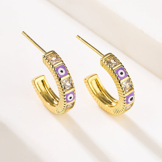 Pendientes Vintage Geométricos de Cobre con Forma de Ojo, Baño de Oro y Detalle Esmaltado para Mujer