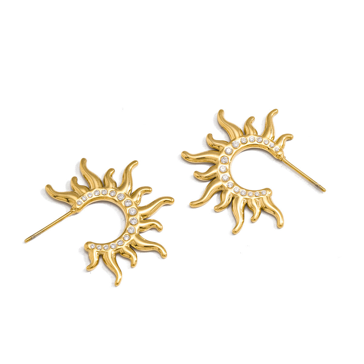 Elegant Geometric Sun Stainless Steel Cubic Zirconia Plated Stud Earrings for Women