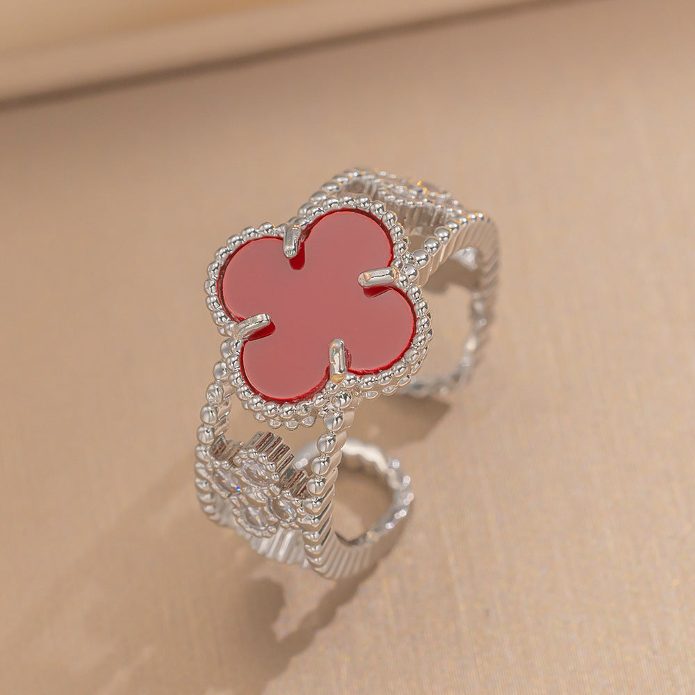 Luxury Minimalist Adjustable Open Ring for Women with Gold-Plated Copper Band and Zircon Stone Accent in Heart and Floral Shape