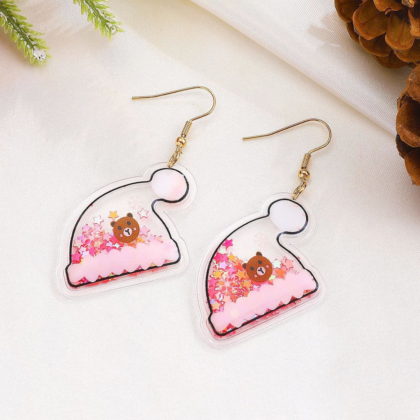 Pendientes de tela con forma geométrica, puños para las orejas de Papá Noel tejidos a mano para mujeres con detalles festivos de cascabeles