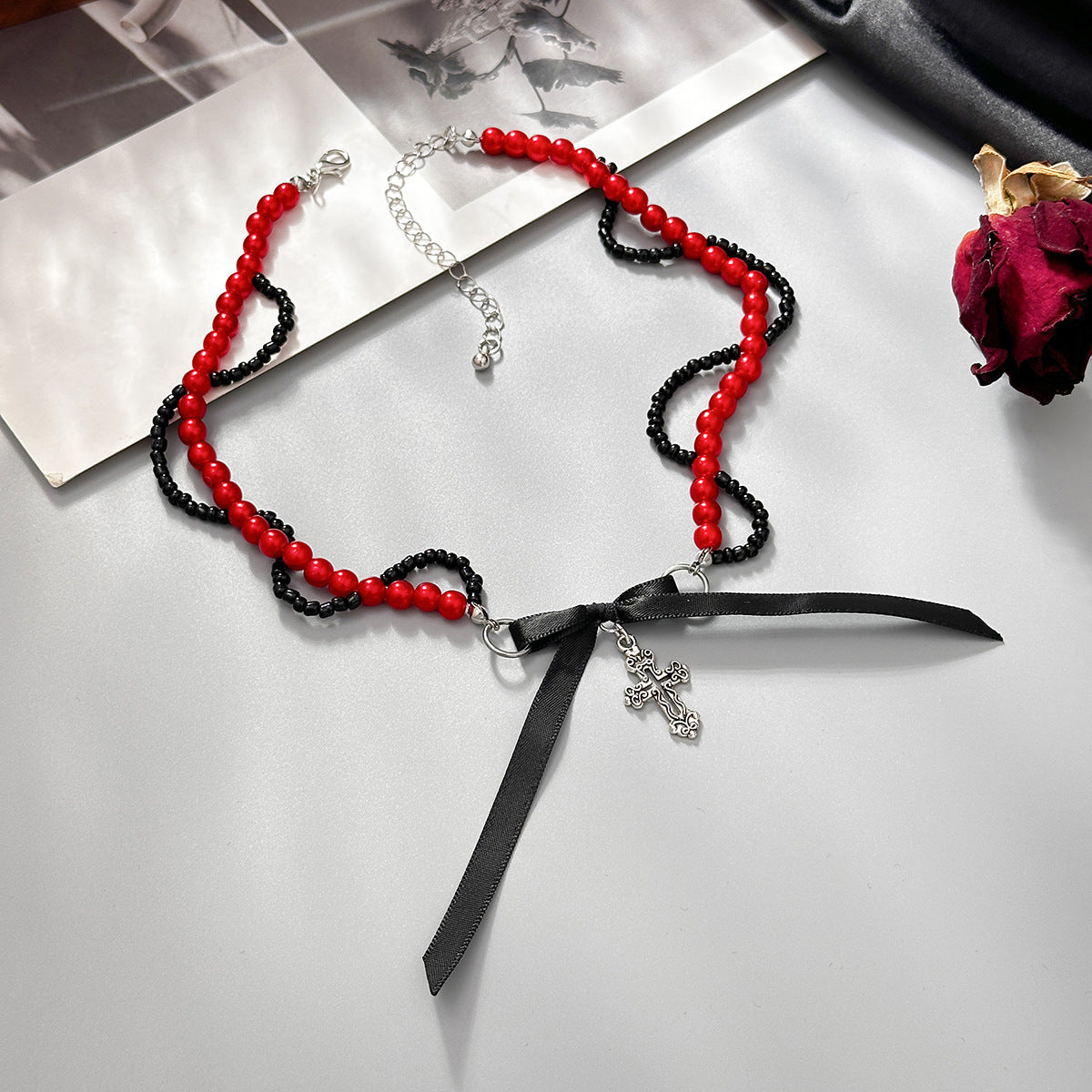 Gothic Sweet Cross Pendant Necklace with Red Imitation Pearl Beads Alloy Chain for Women