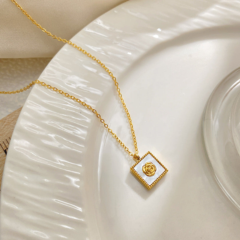Luxury Square Floral Rose Gold Plated Brass Pendant Titanium Steel Necklace for Unisex