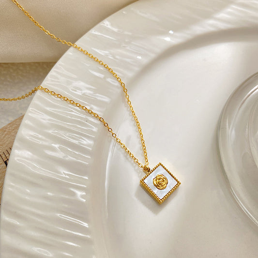 Luxury Square Floral Rose Gold Plated Brass Pendant Titanium Steel Necklace for Unisex