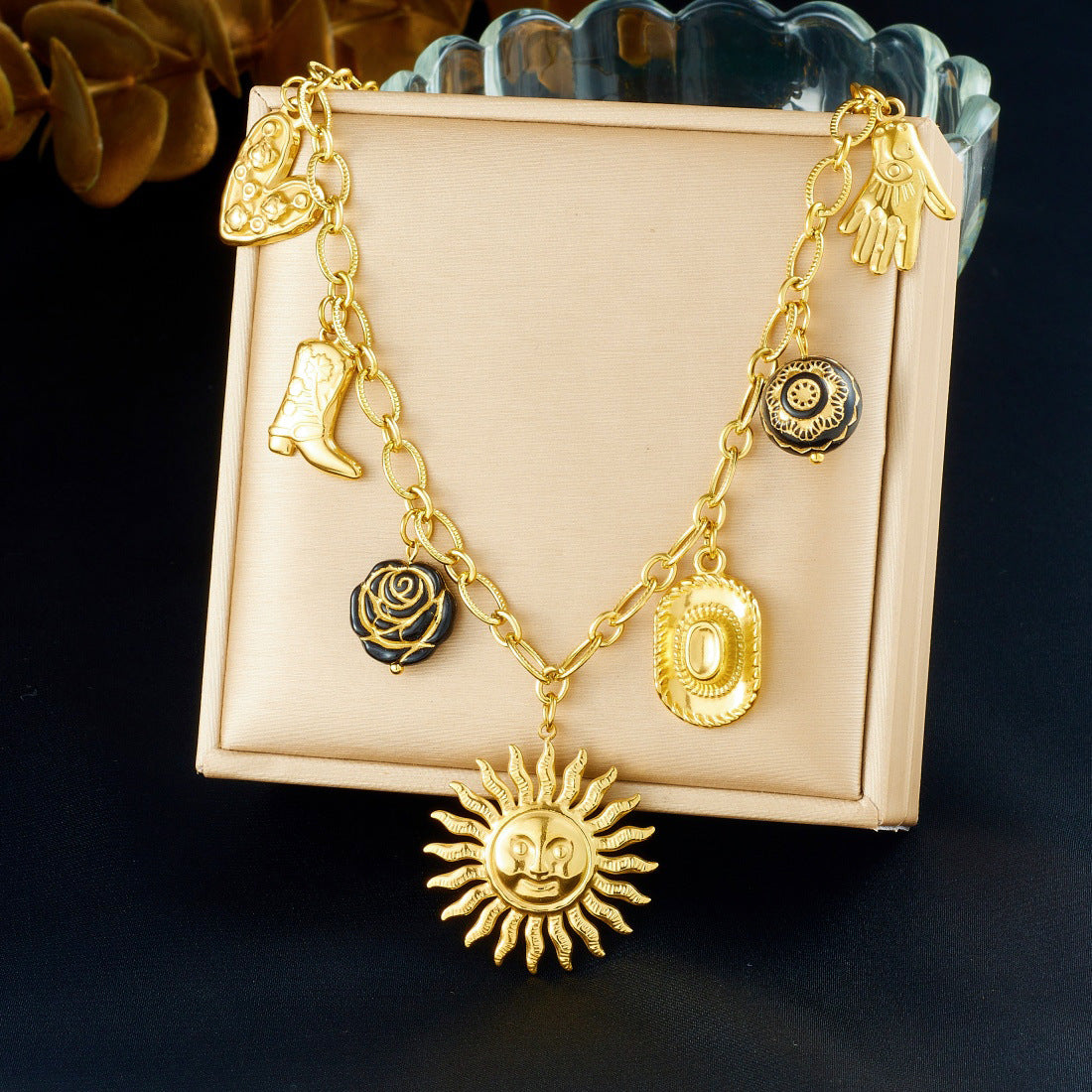 Vintage Gold Plated Stainless Steel and Acrylic Sun Face Pendant Necklace for Women