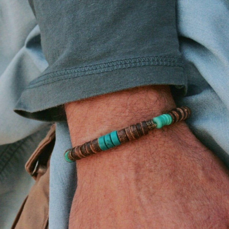 Hip-hop Geometric Round Wood Turquoise Beaded Bracelet for Men and Women
