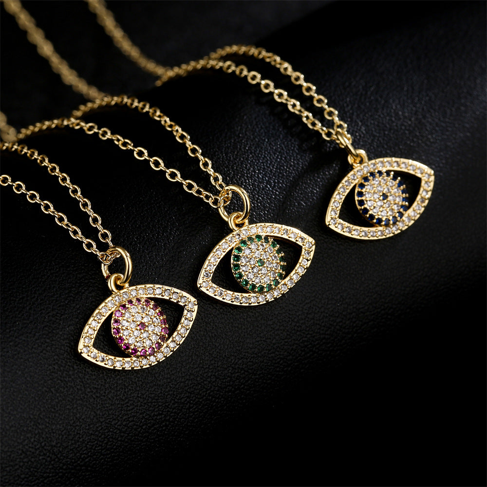 Minimalist Geometric Copper Pendant Necklace with 18K Gold Plating and Zircon Evil Eye Charm for Women