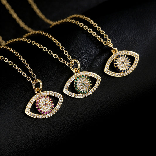 Collar con colgante geométrico minimalista de cobre chapado en oro de 18 quilates y dije de circonita con ojo turco para mujer