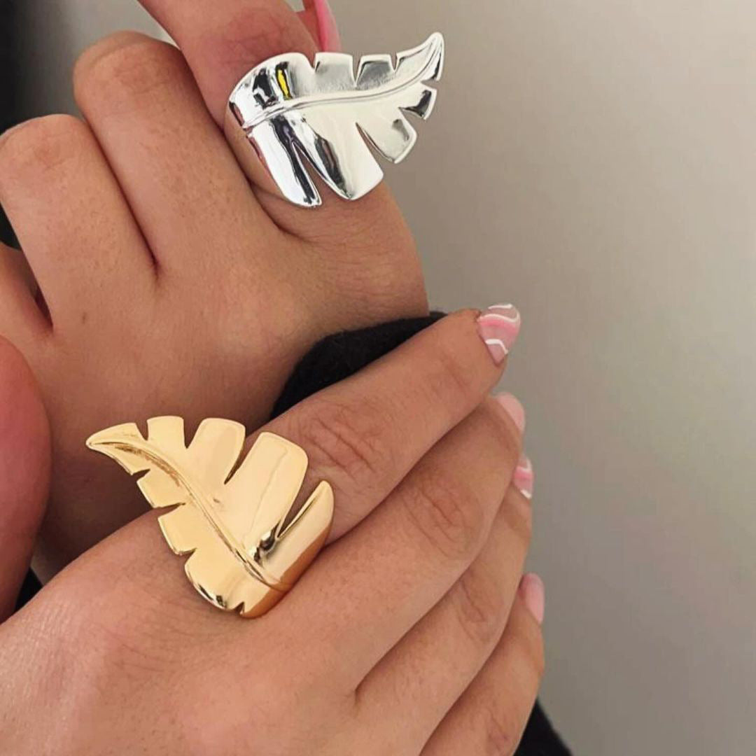Anello aperto minimalista in acciaio inossidabile placcato oro 18 carati con foglia e piuma, gioielli di moda unisex