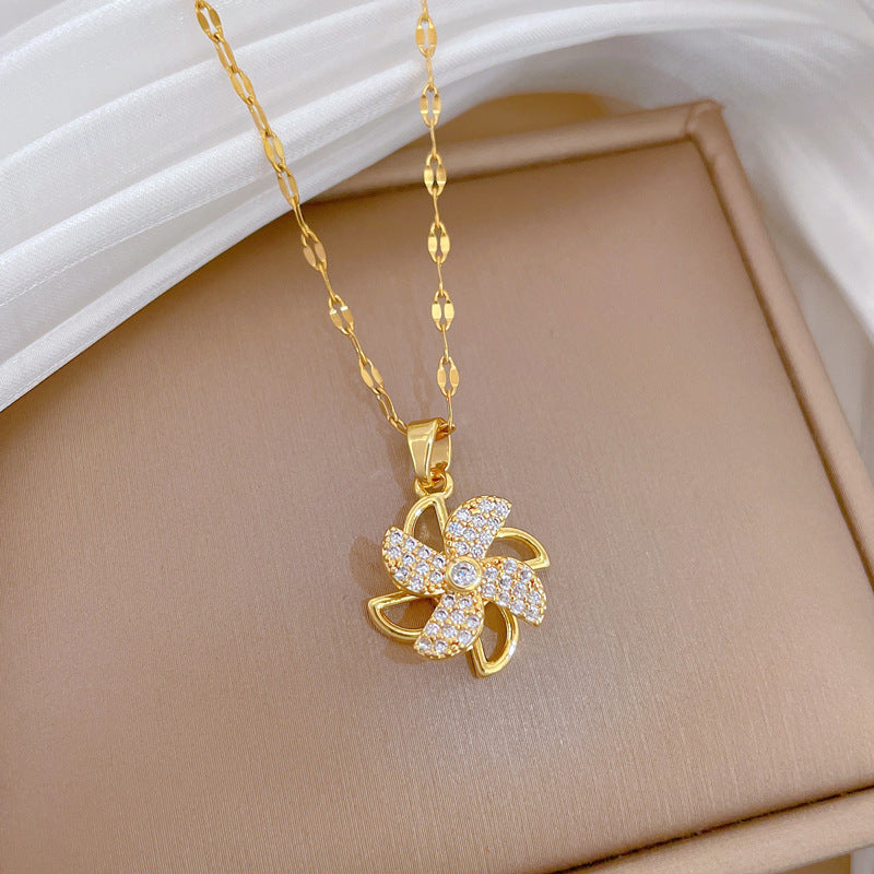 Sweet Geometric Rhinestone Windmill Pendant Necklace Titanium Steel Cable Chain for Unisex
