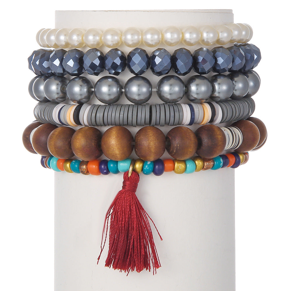 Bohemian Geometric Round Alloy Glass Wood Pearl Resin Bracelet Set