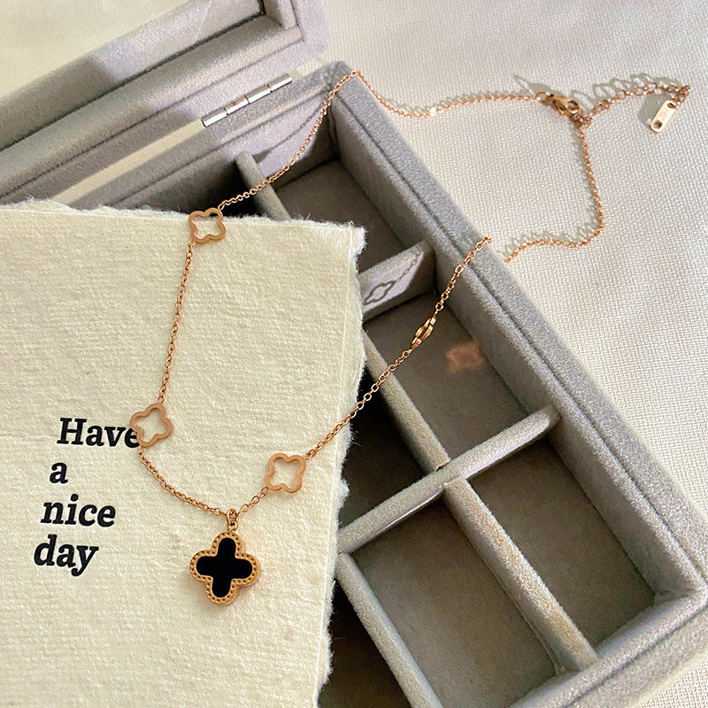 Fashion Hollow Four-Leaf Clover Gold Plated Titanium Steel Necklace for Unisex