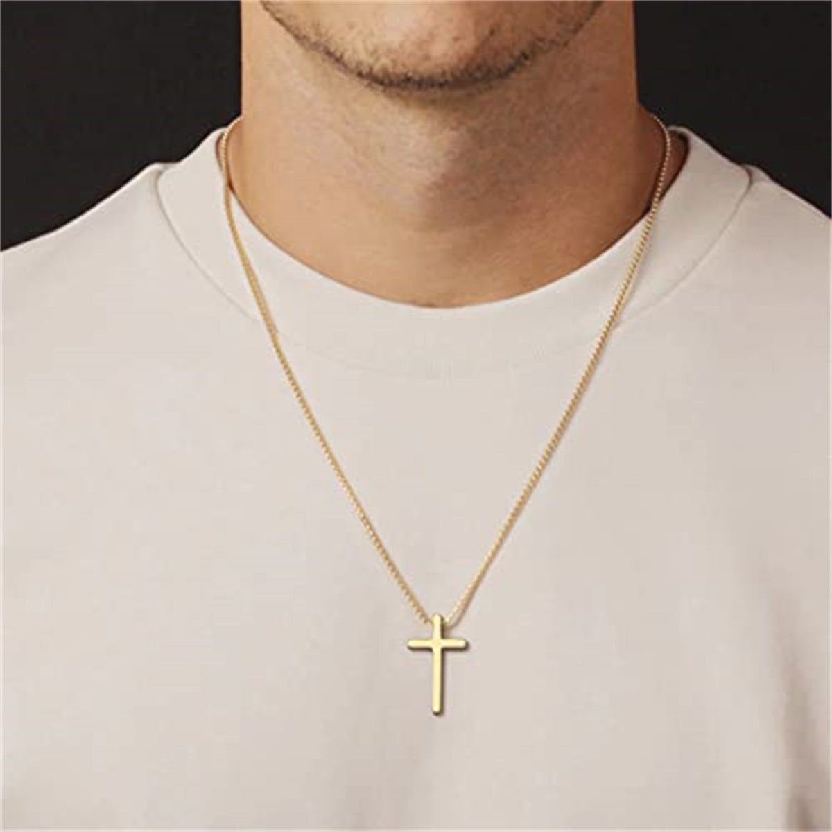 Minimalist Geometric Cross Pendant Necklace in Gold-Plated Stainless Steel with Pearl Chain for Unisex