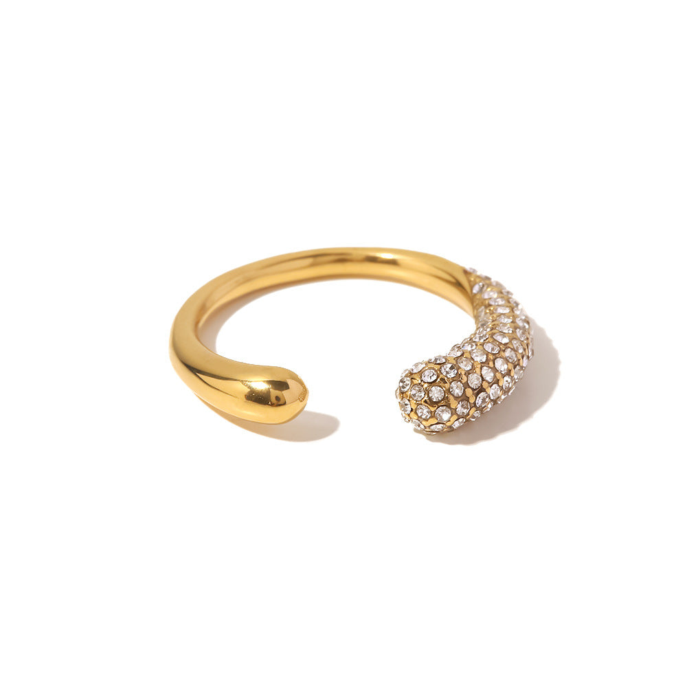 INS Style Geometric Stainless Steel Ring with 18K Gold Plating and White Rhinestone Inlay, Adjustable Open Band for Women