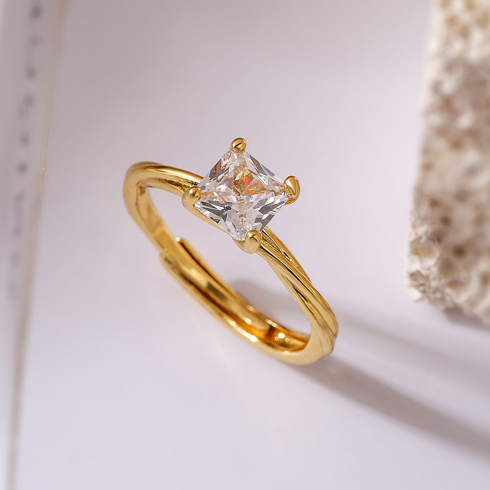 Minimalist Geometric Gold Plated Brass Ring with Cubic Zirconia for Women