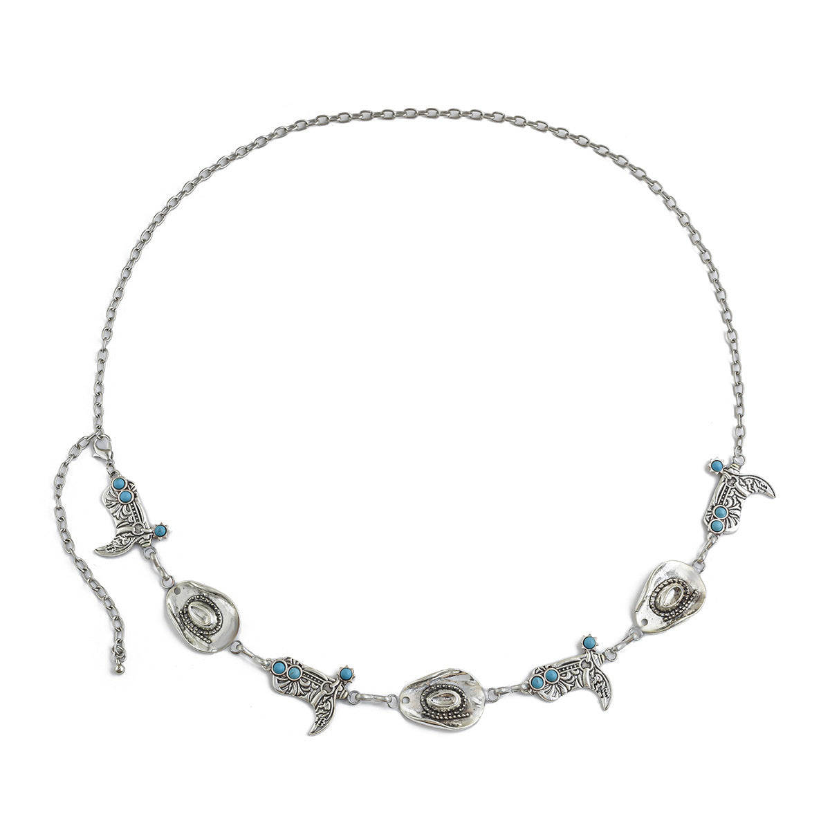 Vintage Geometric Alloy Body Chain with Turquoise Inlay Bull Head and Cowboy Hat Design Curb Chain for Women