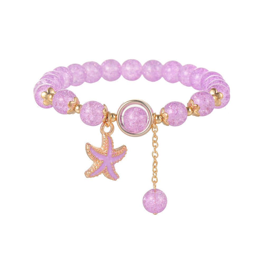 Sweet Natural Round Glass Beaded Bracelet with Drip Oil Starfish Shell Swan Charms and Crackle Texture