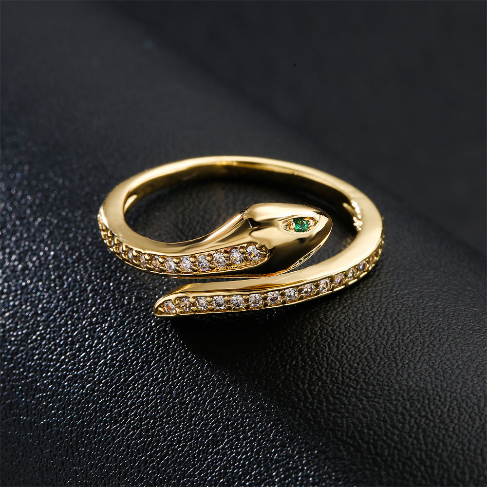 Minimalist Green-Eyed Snake-Shaped Ring for Women in Copper with 18K Gold Plating and Zircon Inlay