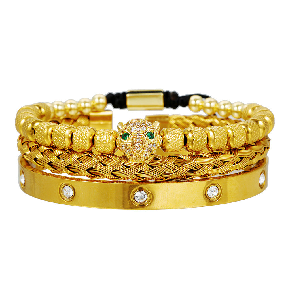 Vintage Leopard Head Geometric Inlaid Cubic Zirconia Stainless Steel Woven Bracelet Set