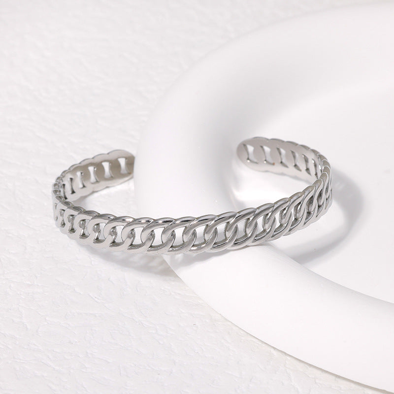 Bracciale Minimalista Regolabile in Acciaio Inossidabile con Placcatura in Oro 18K, Design Geometrico Ovale e Circolare, Stile Acciaio al Titanio Ipoallergenico