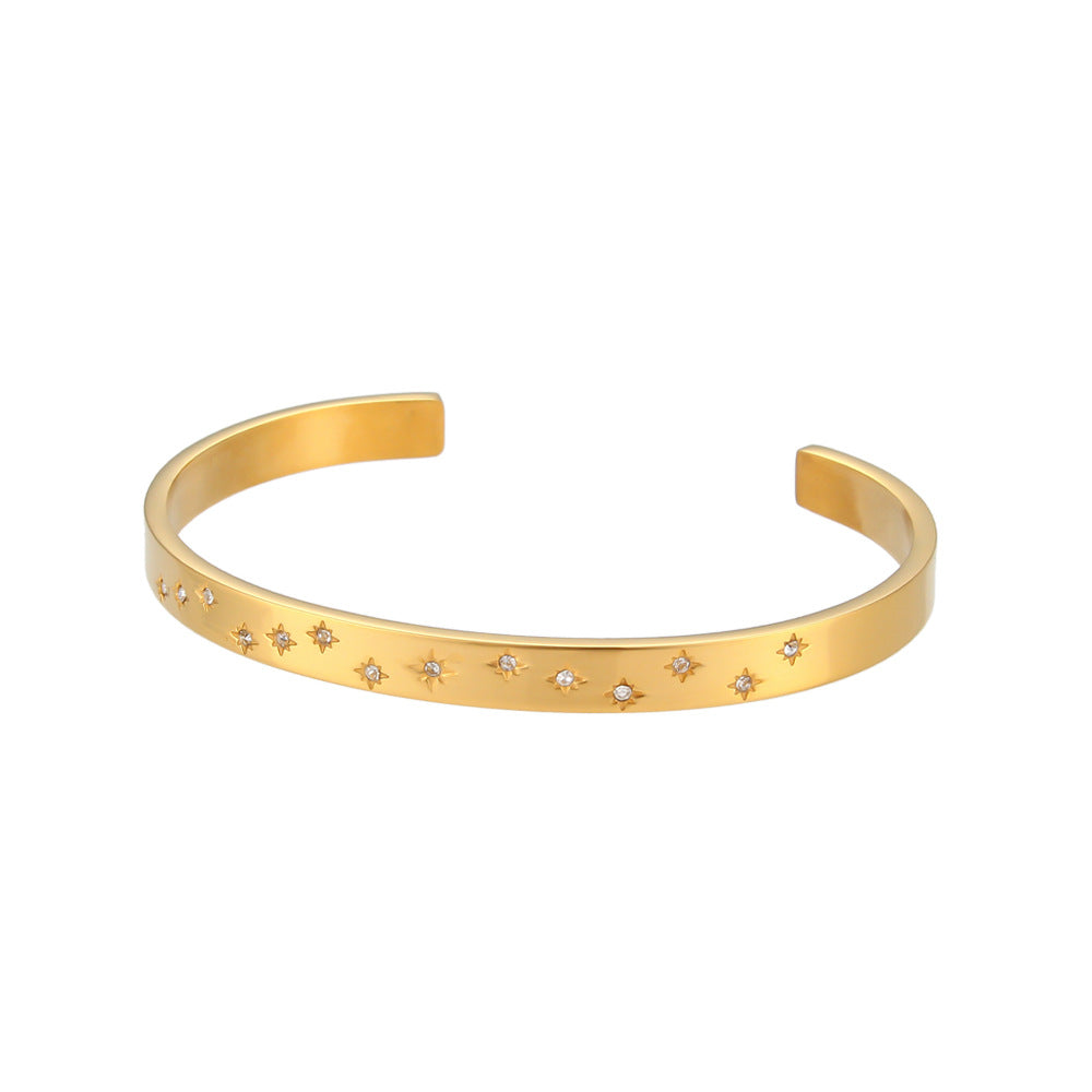 Bracciale minimalista da donna in acciaio al titanio con forma a ottagramma e intarsio in zircone rotondo, polsino in acciaio inossidabile elettroplaccato
