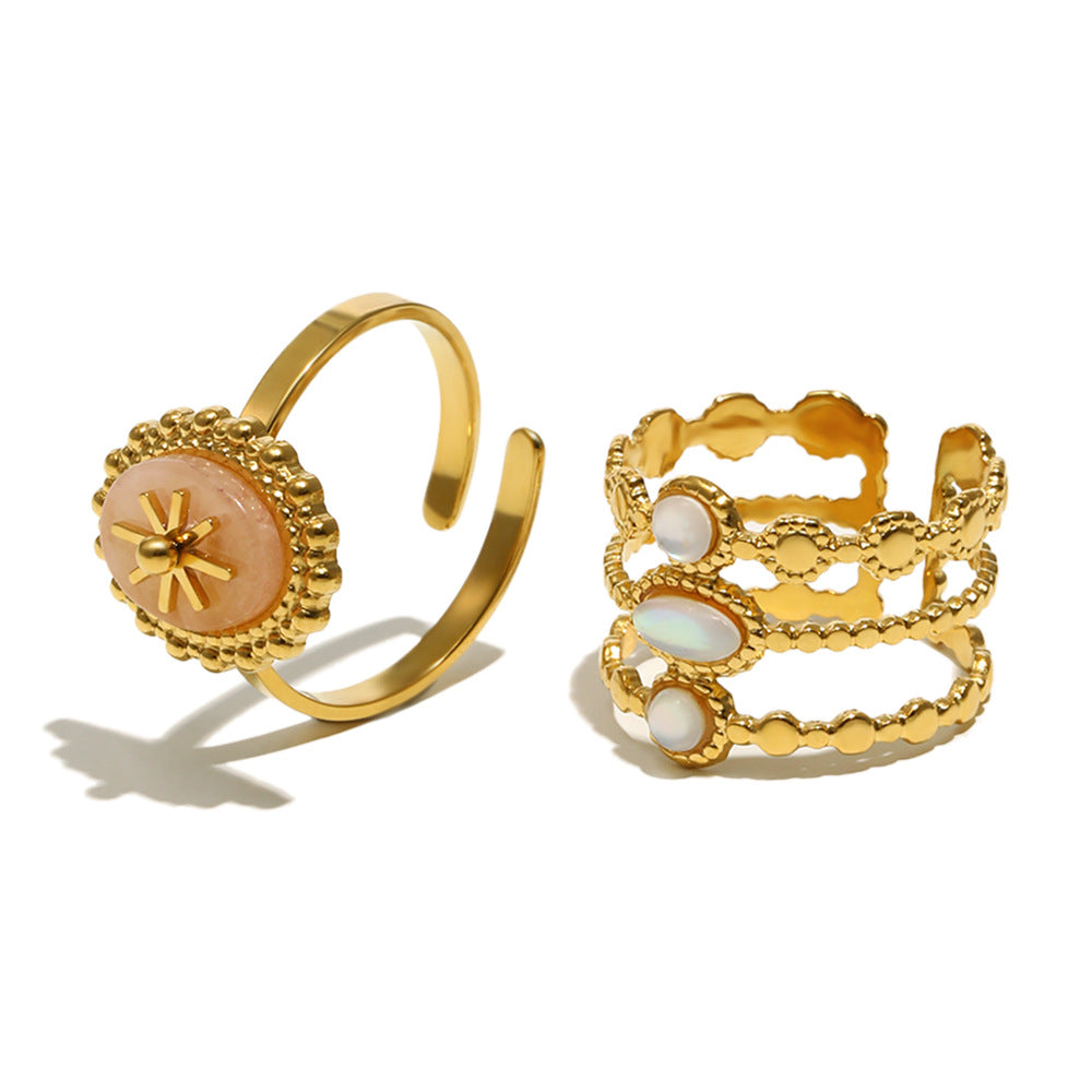 Anello minimalista con ottagramma di lusso in acciaio inossidabile placcato oro 18 carati e accento ovale in pietra naturale