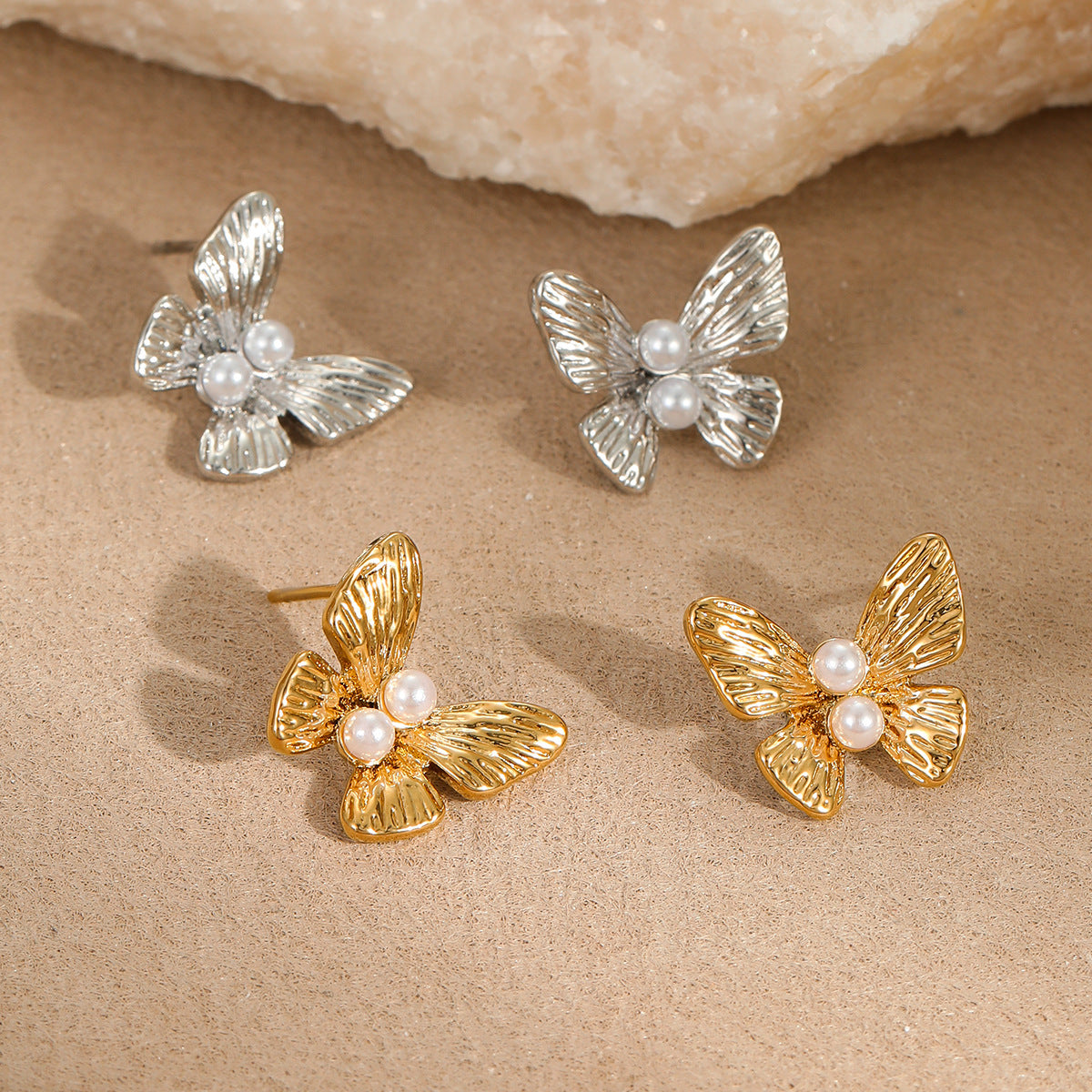 Fashionable Butterfly-Shaped Stainless Steel Earrings for Women with Plated Finish and Pearl Accents