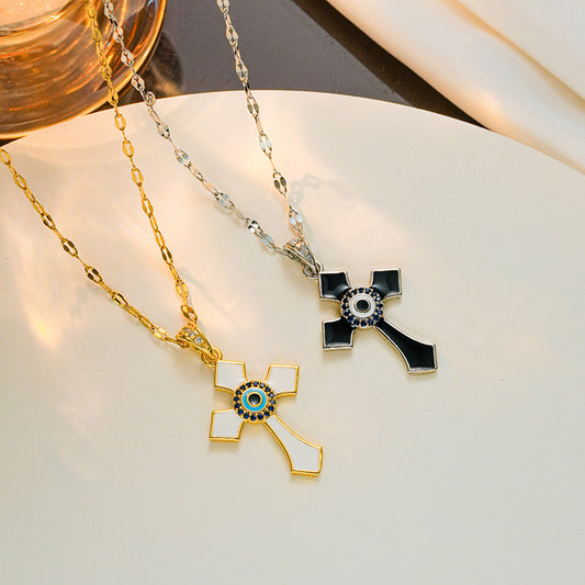 Vintage Geometric Enamel Cross Pendant Necklace for Women in Titanium Steel with Rhinestone Accents