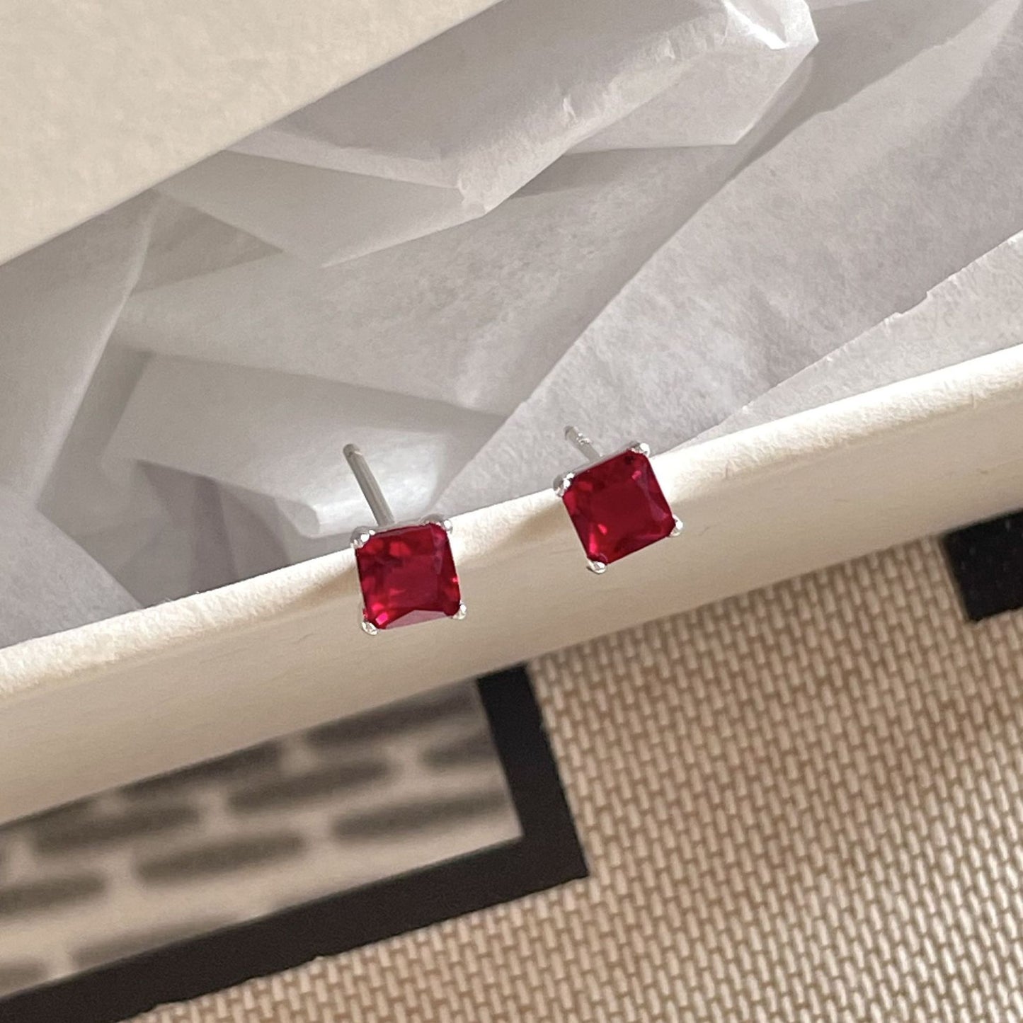 Minimalist Letter-Shaped 925 Sterling Silver Stud Earrings with Red Zircon Inlay, Polished Finish