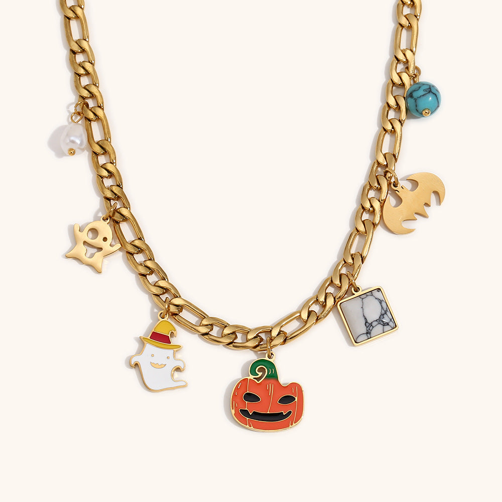 Fashionable Halloween Pumpkin Pendant Necklace for Women Stainless Steel with 18K Gold Plating Cartoon Character Design