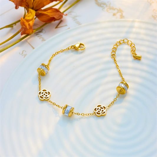 Minimalist Floral Hollow-Out Titanium Steel Bracelet for Women with Plated Finish