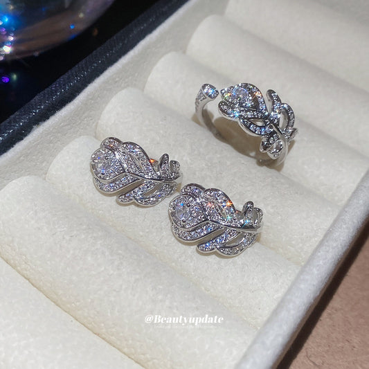 Set de anillo abierto y pendientes de diseño minimalista de lujo en cobre con incrustaciones de circonitas para mujer