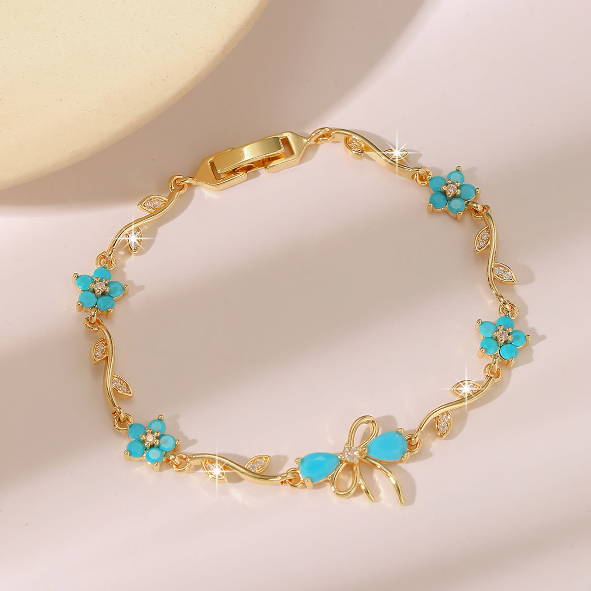 Luxury Gold Plated Brass Leaf Bracelet with Cubic Zirconia Inlay Unisex Floral Design
