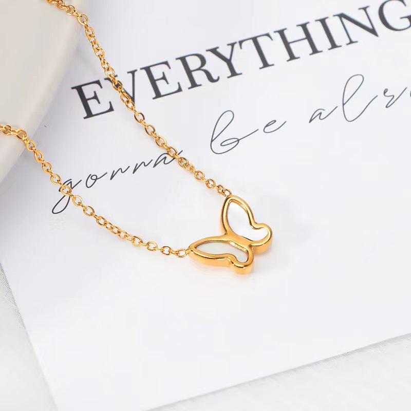 Minimalist Butterfly Pendant Necklace in Titanium Steel with 18K Gold Plating, White Mother-of-Pearl Inlay, O-Chain, Adjustable Length