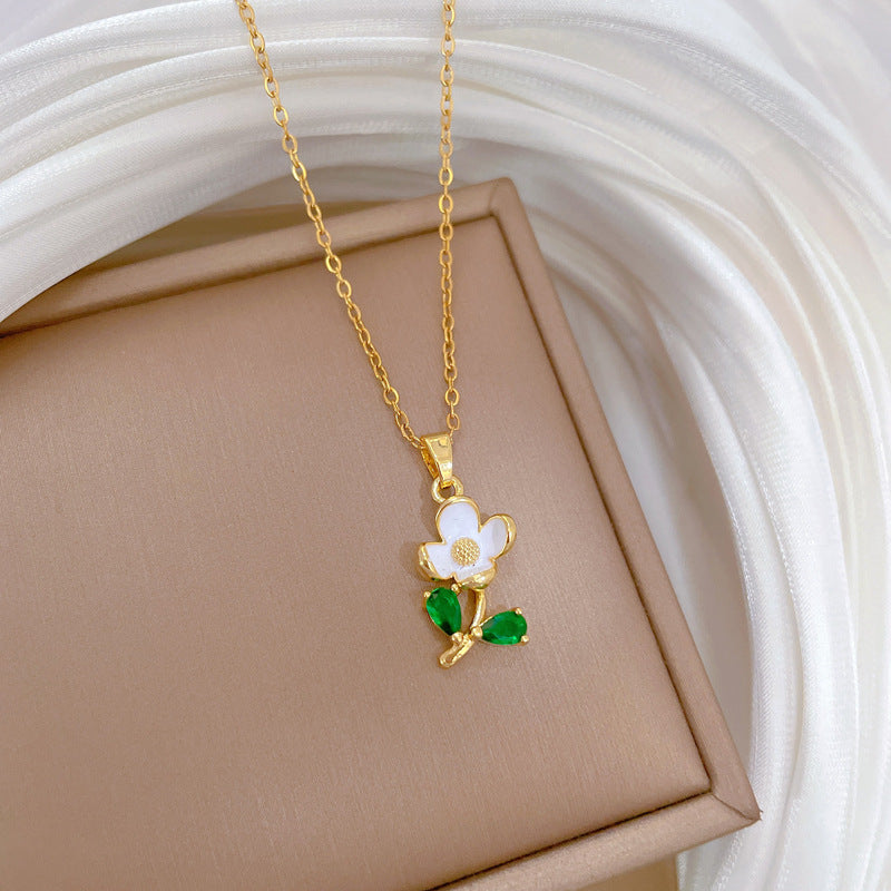 Minimalist Geometric Green Leaf and Floral Rhinestone Pendant Necklace in Titanium Steel with Enamel Finish for Women