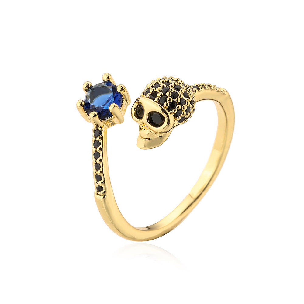 Punk Style Skull-Shaped Geometric Ring in Copper with Gold Plating and Zircon Inlay for Women