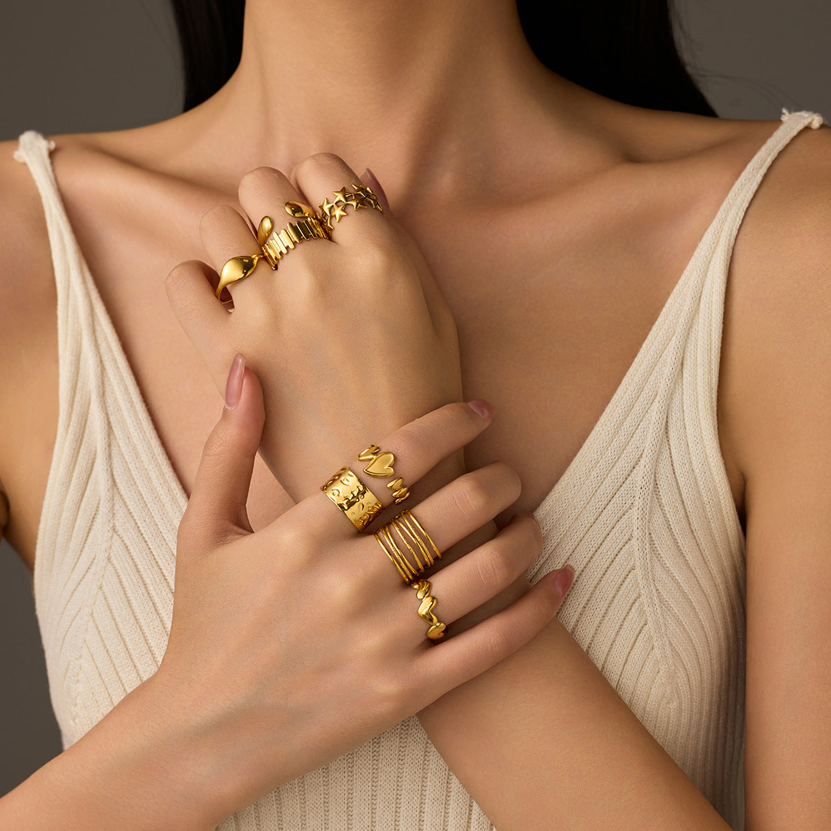 Anillo abierto minimalista geométrico irregular de acero inoxidable chapado en oro de 18 quilates para mujer