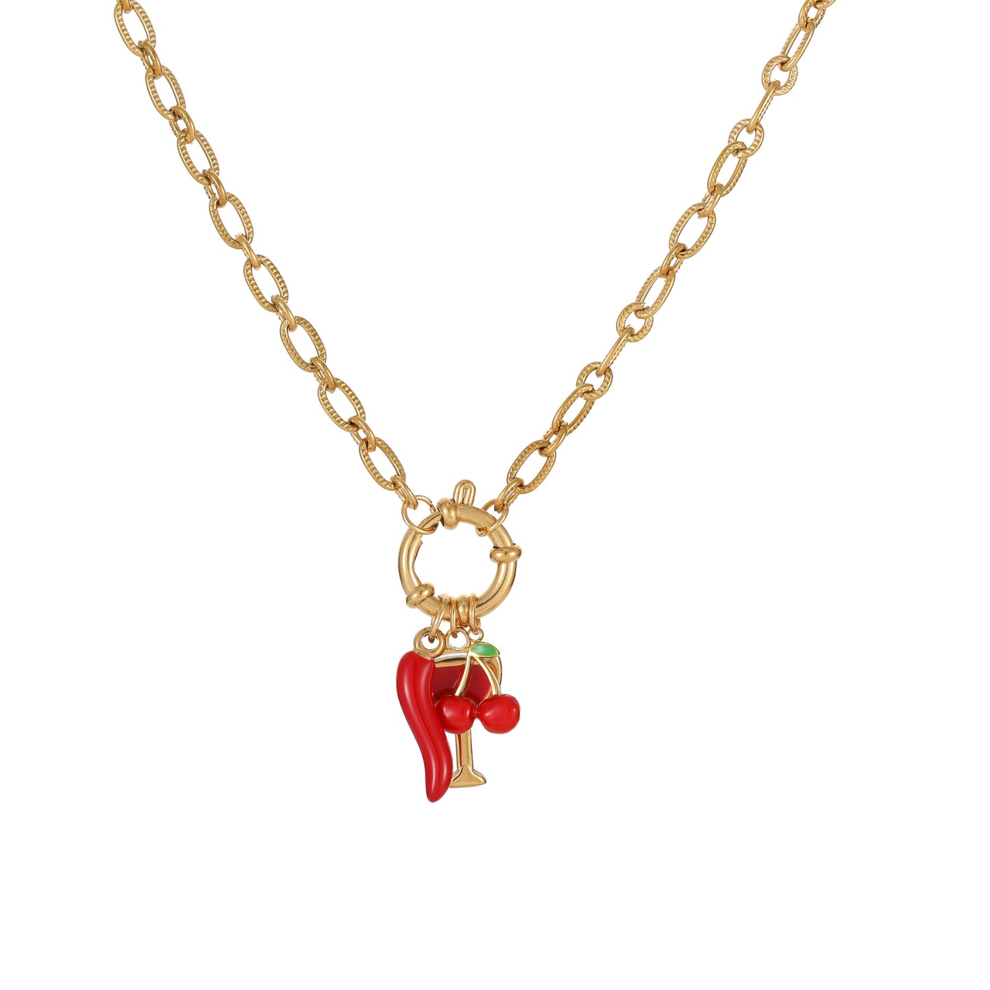 Elegant 18K Gold Plated Stainless Steel Cherry Fruit Charm Bar Necklace for Women