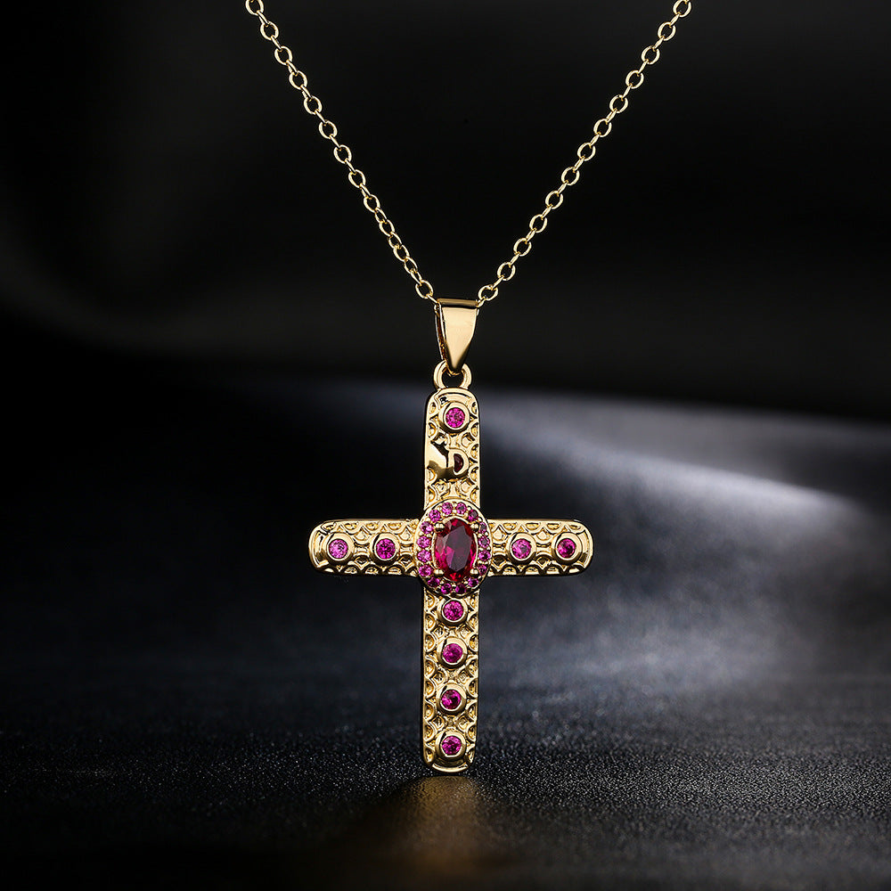 Collana con Pendente a Croce Geometrica Minimalista in Rame con Placcatura in Oro 18K e Intarsi in Zircone