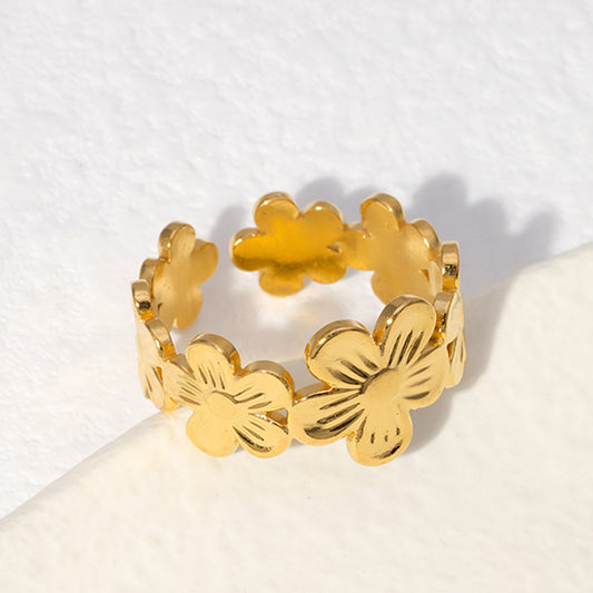 Sweet Minimalist Floral Plated Stainless Steel Open Ring for Women