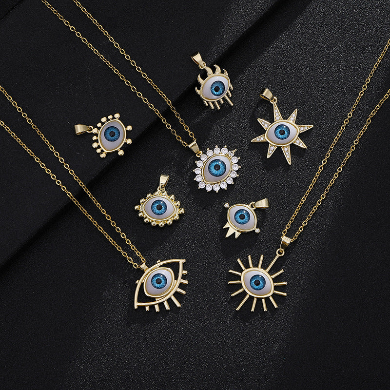Collana vintage con occhio di Allah geometrico per uomo e donna in rame placcato oro su catena a maglie ovali