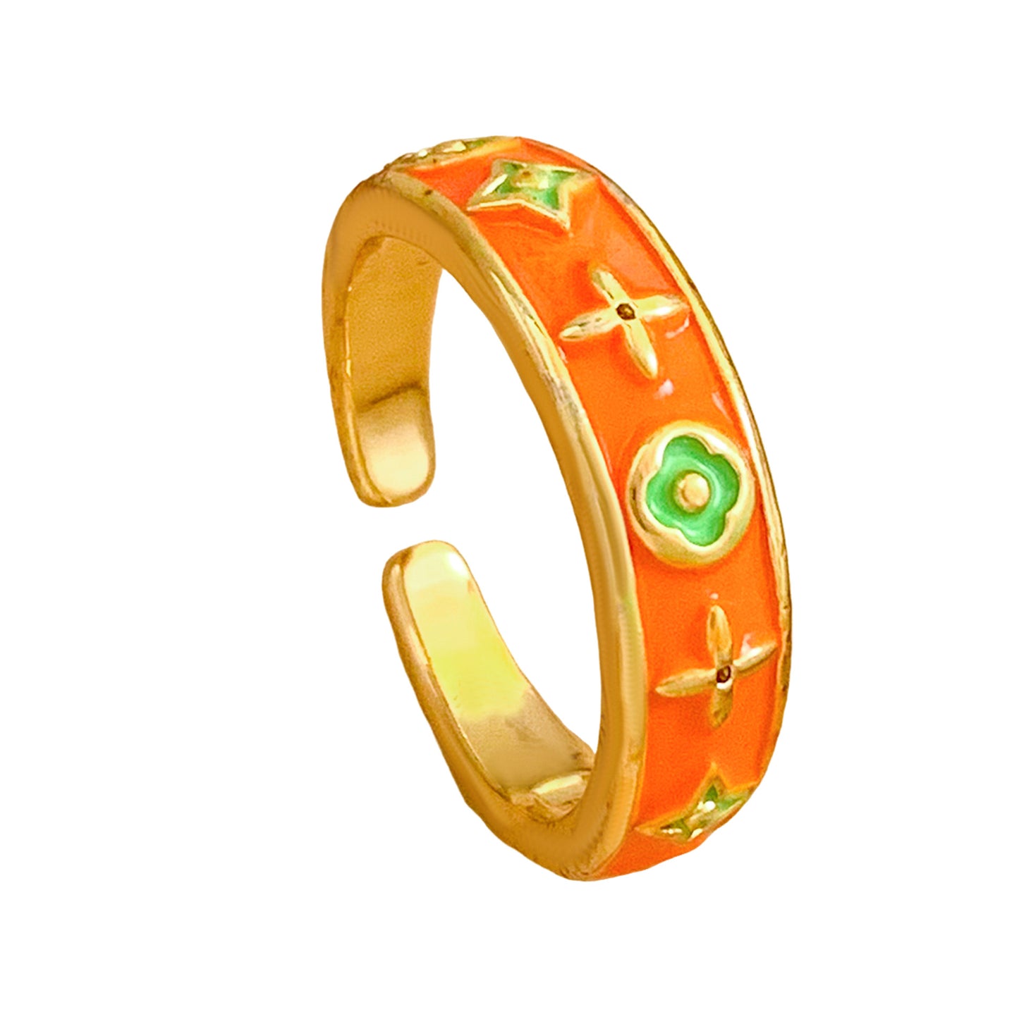 Vintage Sweet Gold Plated Brass Enamel Geometric Open Ring for Women