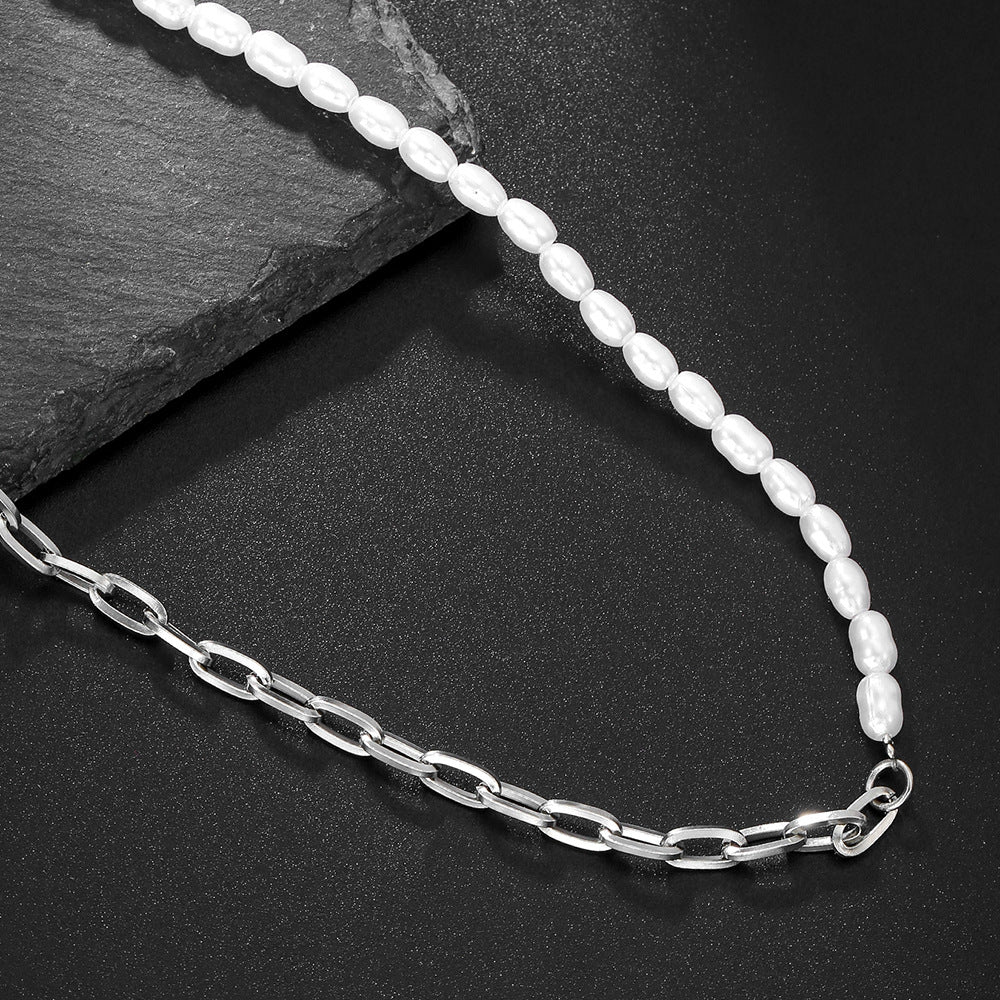 Collana da uomo in acciaio al titanio geometrica minimalista con ciondolo di perle d'imitazione e catena a maglie O