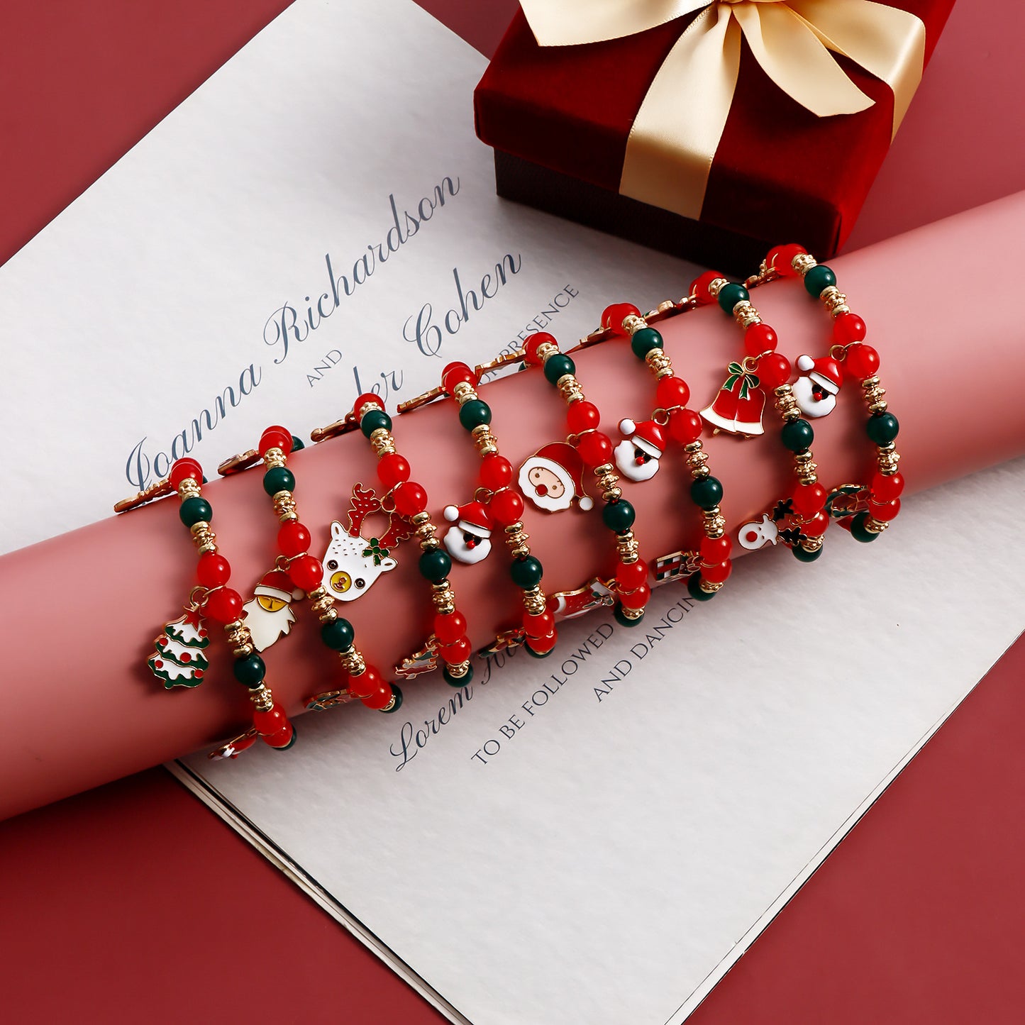 Handmade Beaded Christmas Bracelet Set with Snowman Reindeer and Bell Charms in Red Color Geometric Design Electroplated Women's Jewelry Gift