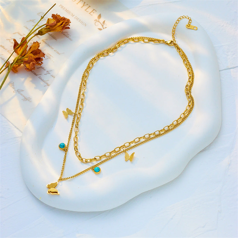 Fashionable Two-Tier Layered Turquoise Butterfly Pendant Necklace in Titanium Steel with Plated Finish for Women
